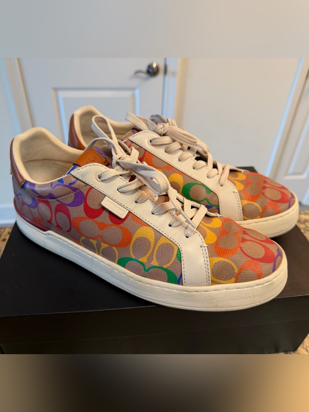 Coach Rainbow Signature Low-Top Sneakers with Cream Leather Trim